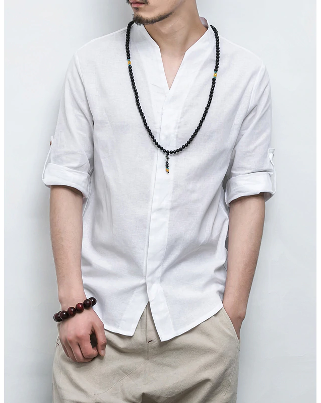 Cotton Linen Three Quarter Sleeve Solid Chinese V Neck Style Men Shirts