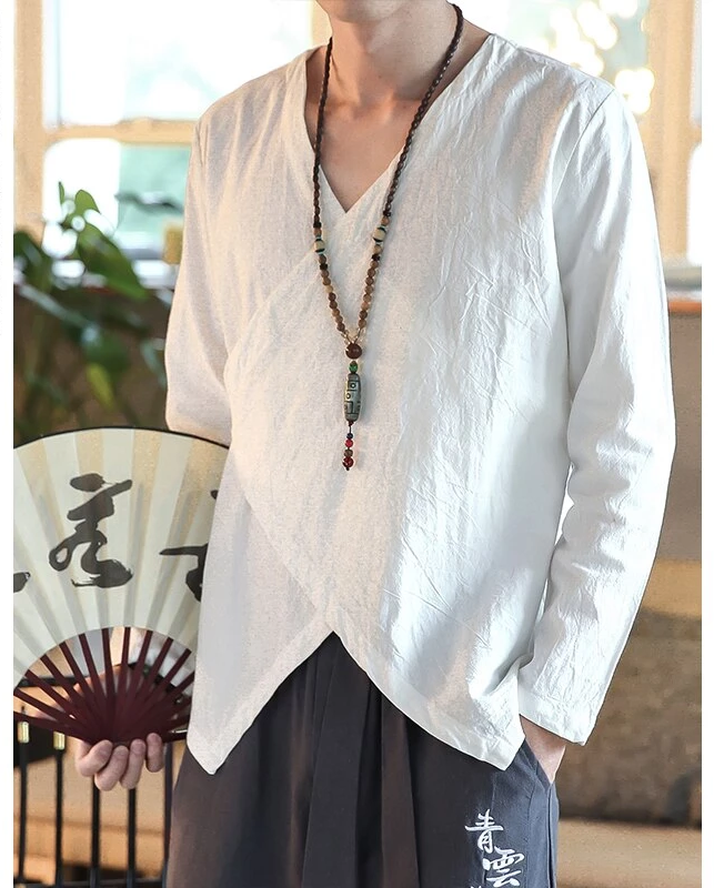 Chinese Asymmetric Lining Tied Long Sleeve Casual Style Men Shirts