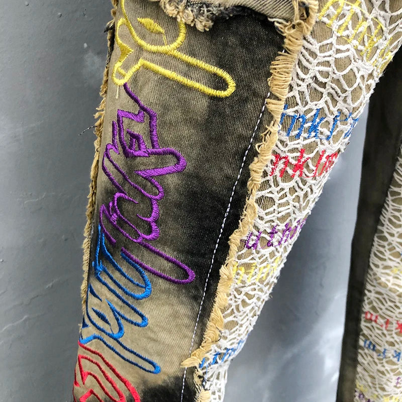 Abstract Embroidery Splicing Patchwork Jeans