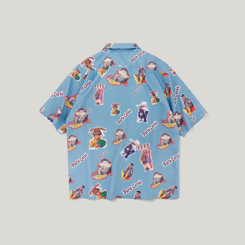 Ocean Blue Character Print in Hawaiian Loose Style Men Short Sleeves Shirt