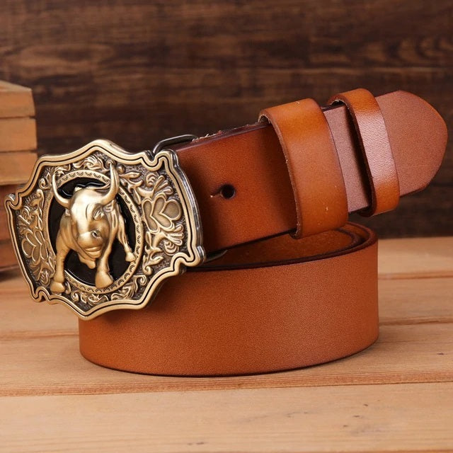 Bulls Head Big Buckle Men Leather Belt