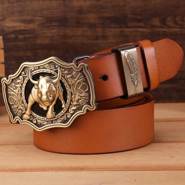 Bulls Head Big Buckle Men Leather Belt