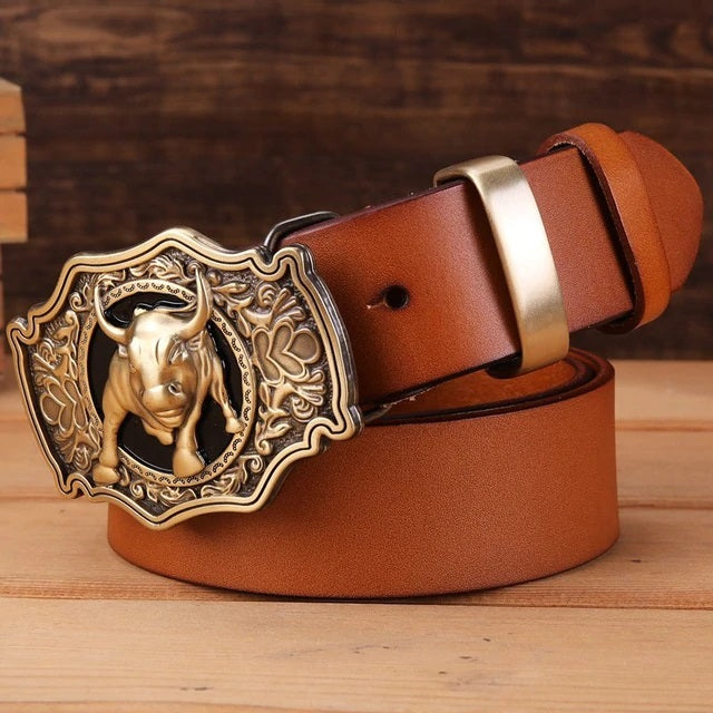 Bulls Head Big Buckle Men Leather Belt