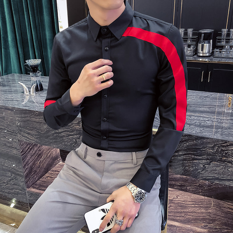 Simple Red Ribbon Patchwork Modern Style Men Shirts