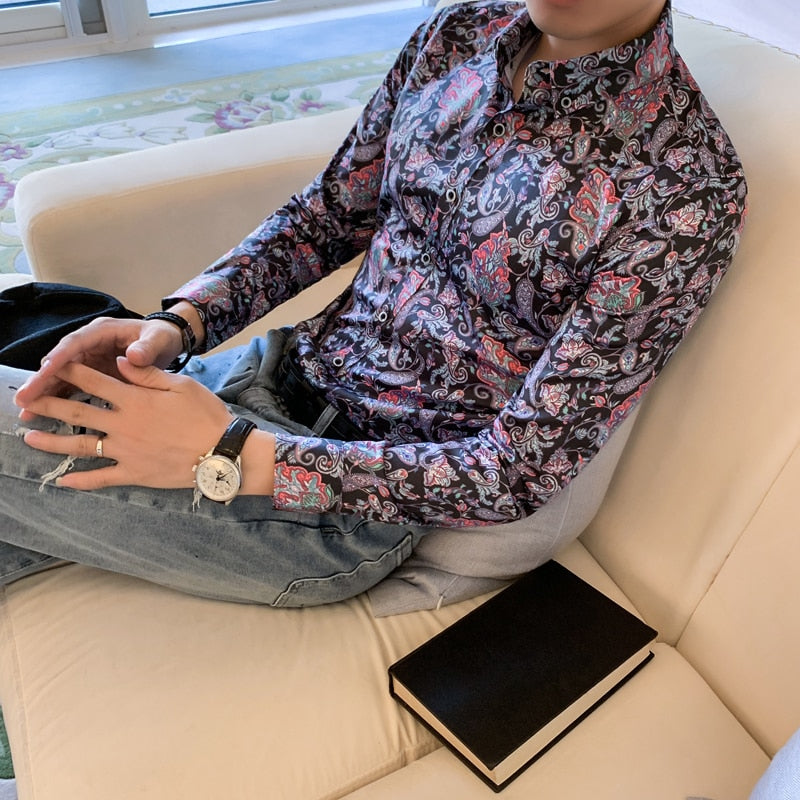 Floral Lilac Paisley Print Long Sleeve Casual Men Shirts