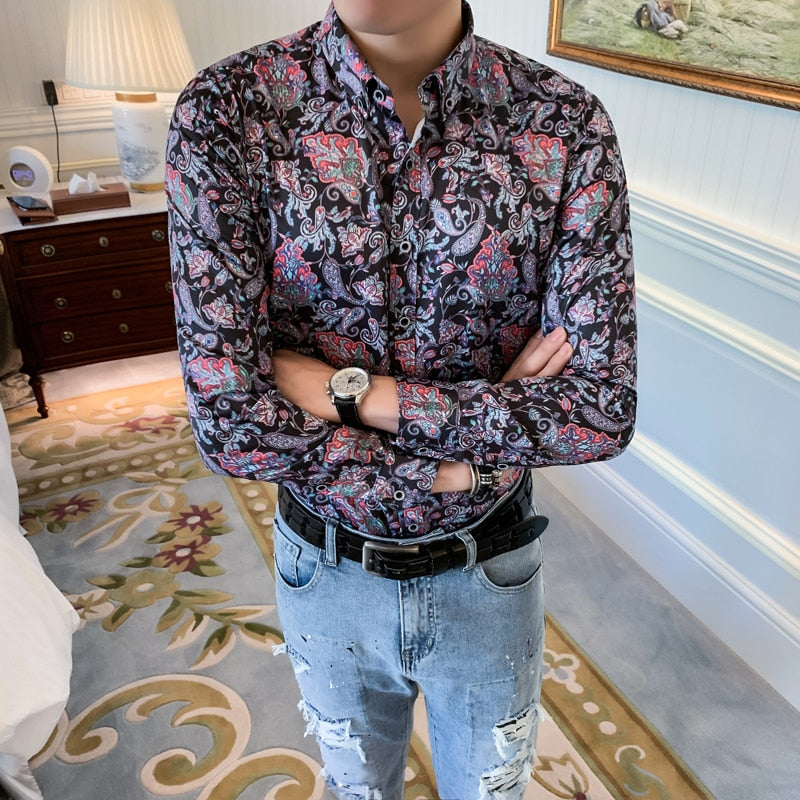Floral Lilac Paisley Print Long Sleeve Casual Men Shirts