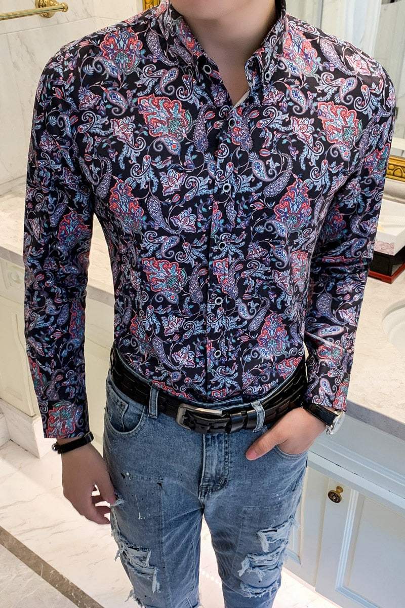 Floral Lilac Paisley Print Long Sleeve Casual Men Shirts