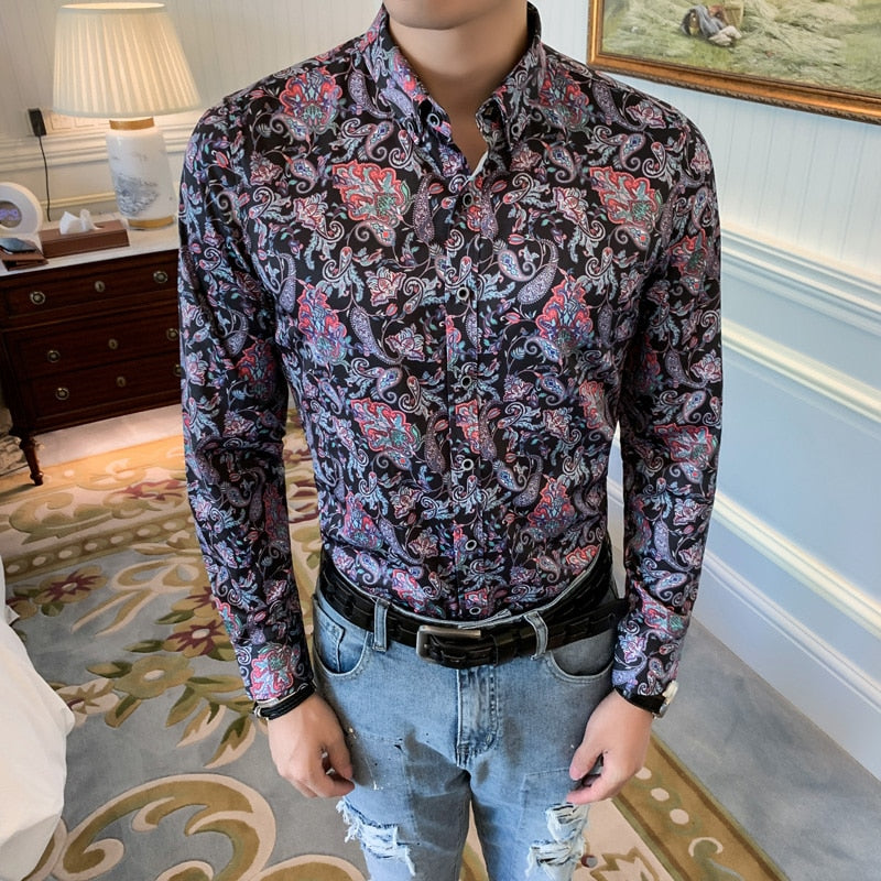 Floral Lilac Paisley Print Long Sleeve Casual Men Shirts