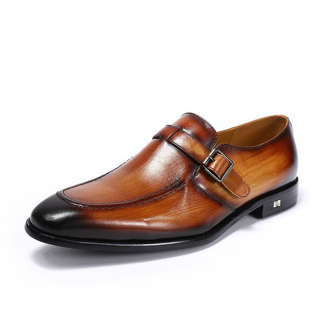 Elegant Handmade Pointed Toe Brown Leather Buckle Strap Men Loafer Shoes - FanFreakz