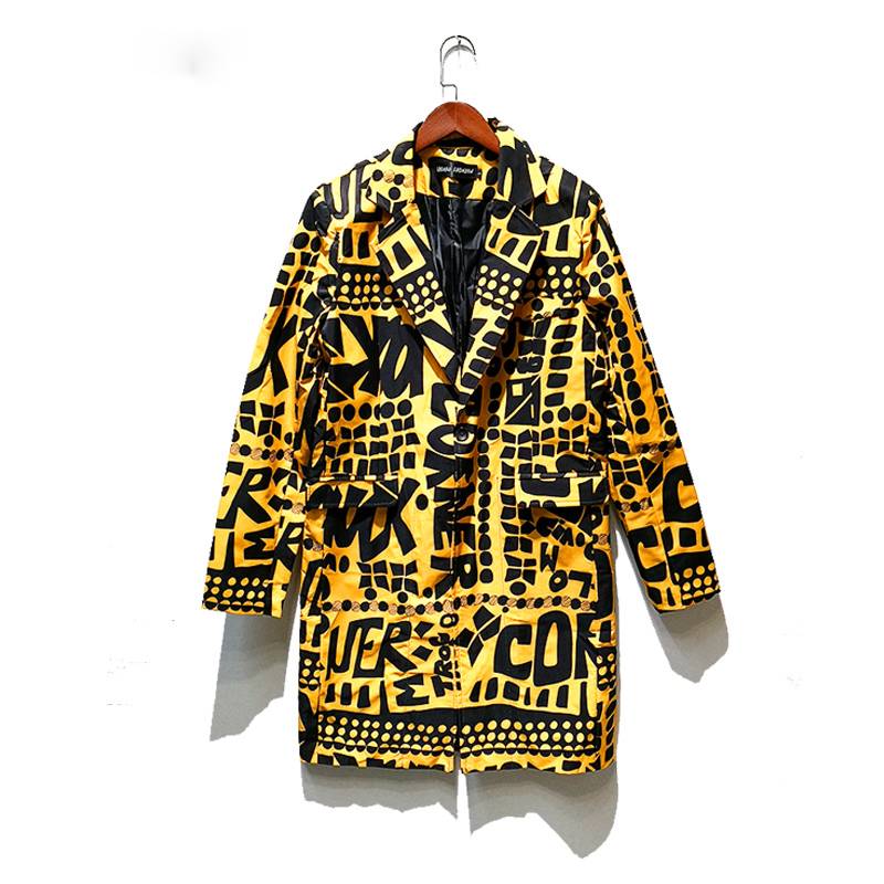 Yellow with Full Letter Print Slim Fit Costume Style Men Suit