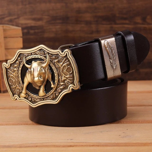 Bulls Head Big Buckle Men Leather Belt