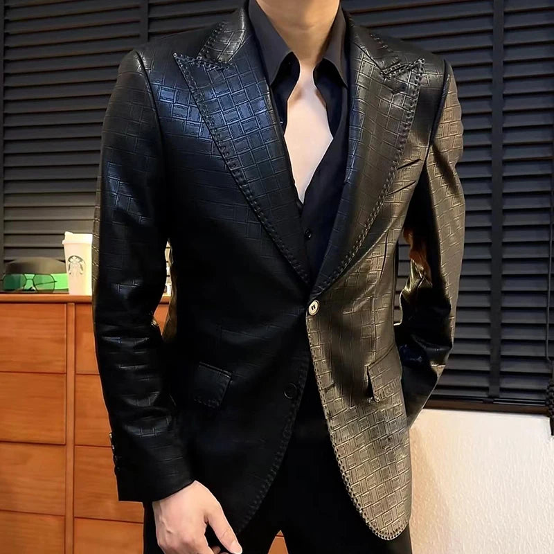 Plaid Pattern Faux Leather Blazer