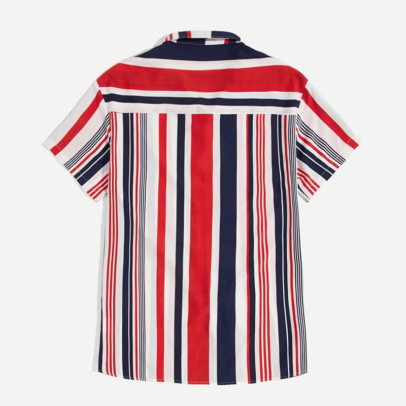 Vertical Stripe Buttoned Short Sleeve Style Men Shirt