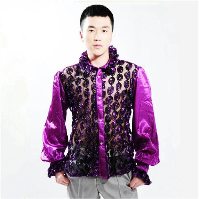 Sexy See Through Twirl Pattern Costume Design Men Shirt