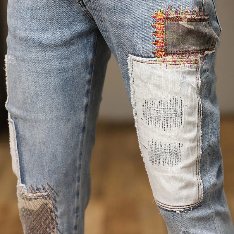 Retro Light Blue Stretch Patchwork Jeans