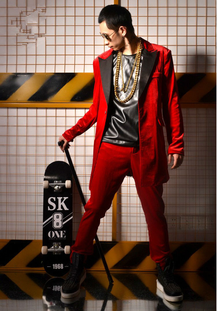 Red Velvet White Lapel Men Long Blazer with Pants Optional For Stage Performance
