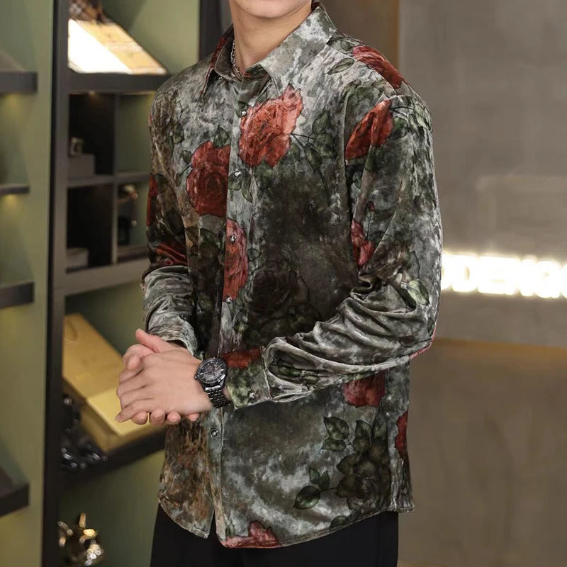 Vintage Velvet Floral Print Long Sleeve Shirt