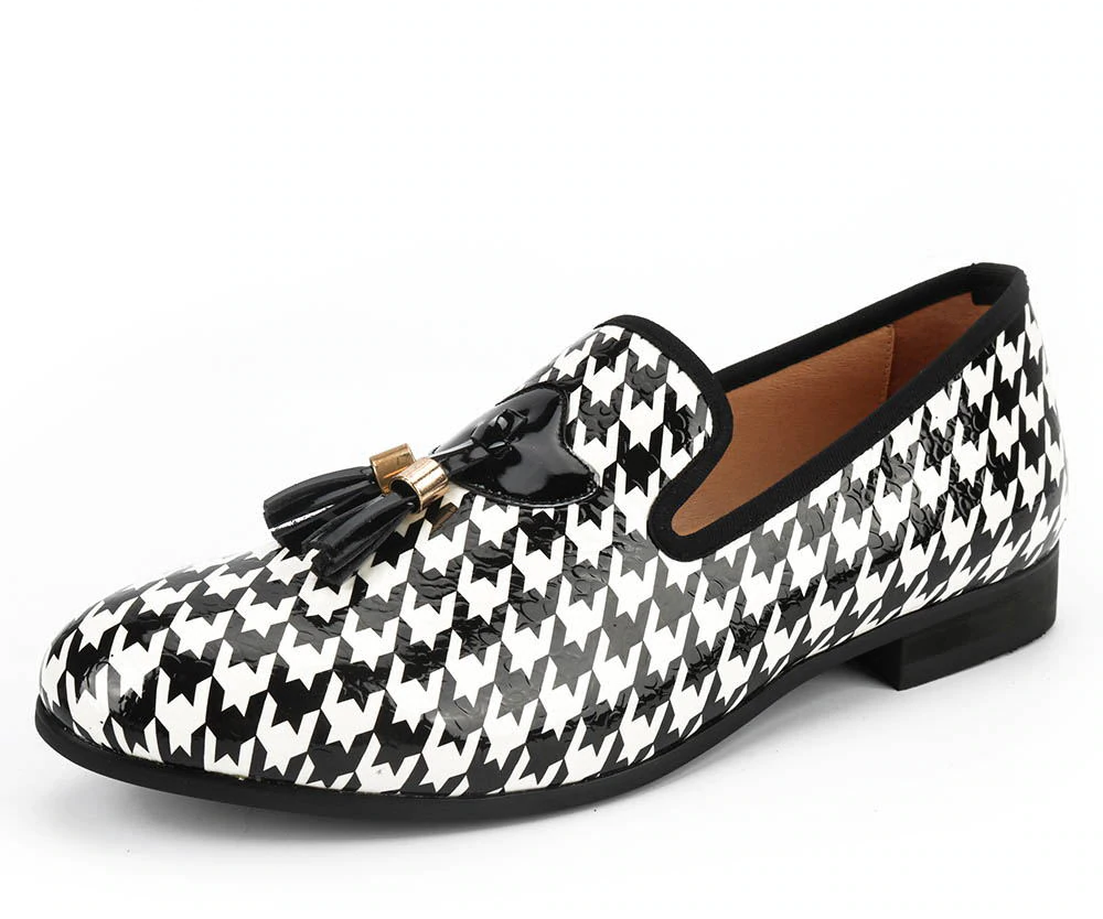 Black White Print Pattern with Tassel Men Shoes