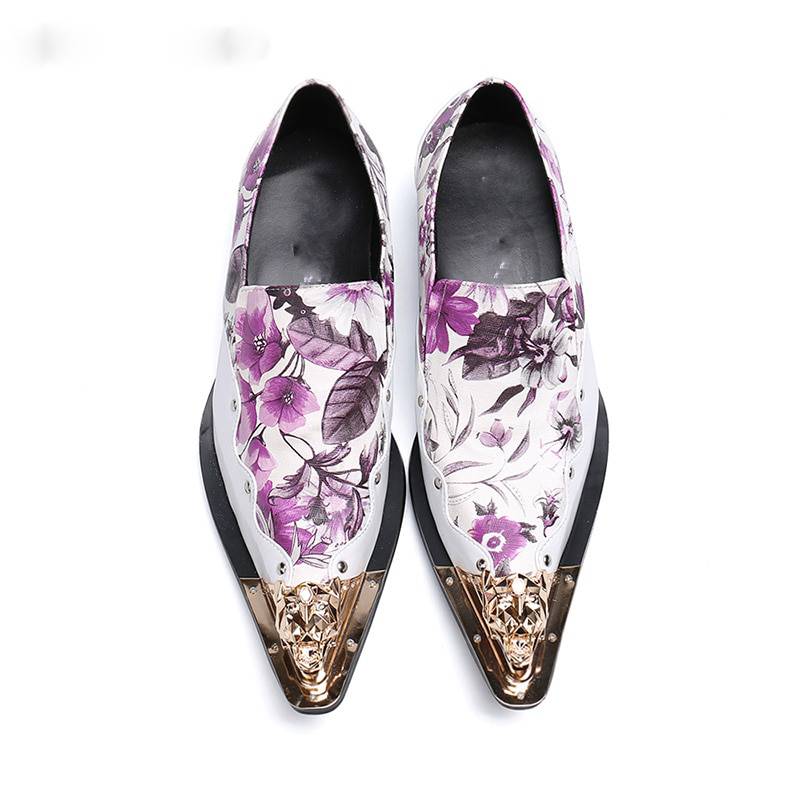 Pointed Metal Tip Toe Floral Print Italy Style Men Shoes