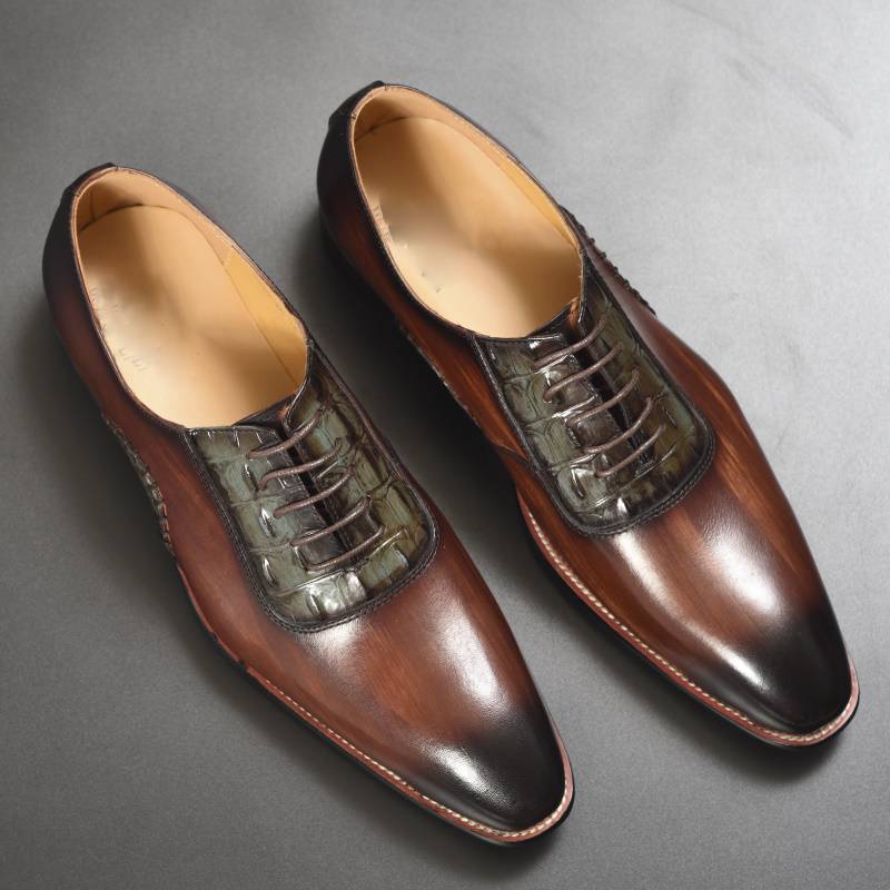 Pointed Toe Formal Dress Leather Lace Up Coffee Mixed Color Men Shoes