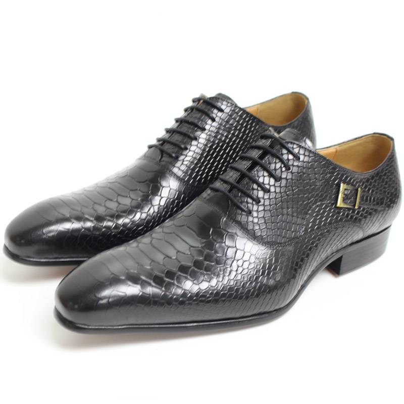 Black Coffee Pointed Toe Snake Skin Pattern Business Style Men Shoes