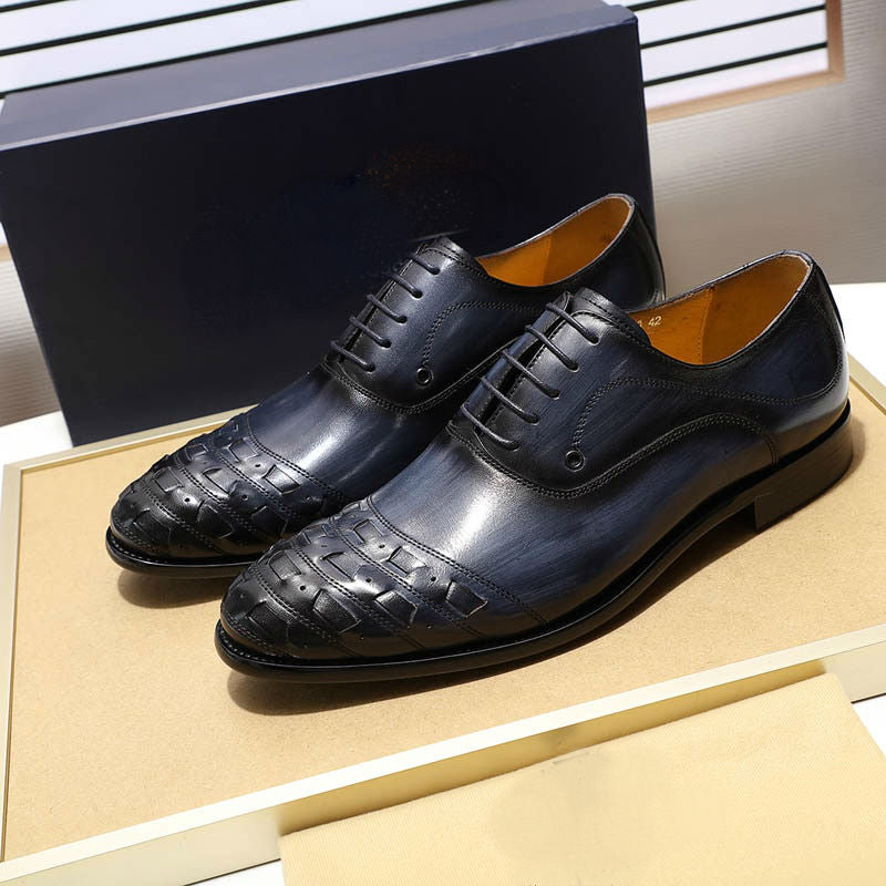 Plait and Hand Painted Pattern Round Toe Men Oxford Leather Shoes