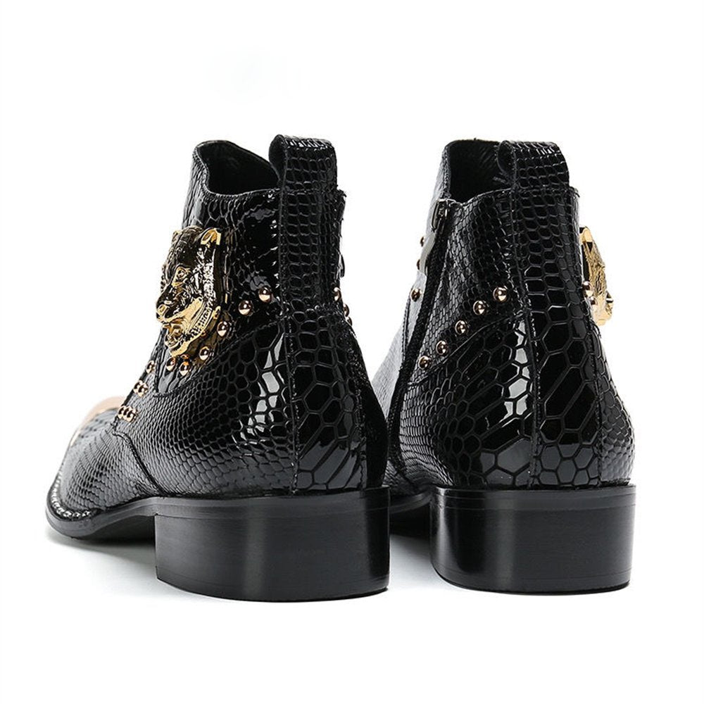 Tiger Head Appliques Snakeskin Ankle Boots