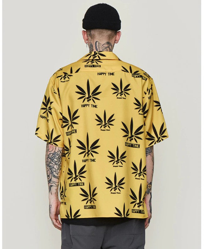 Yellow with Leaf Print in Summer Hawaiian Loose Style Men Short Sleeves Shirt