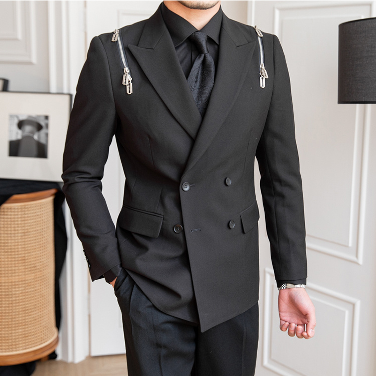 Black Zipper Design Double Breasted Suit