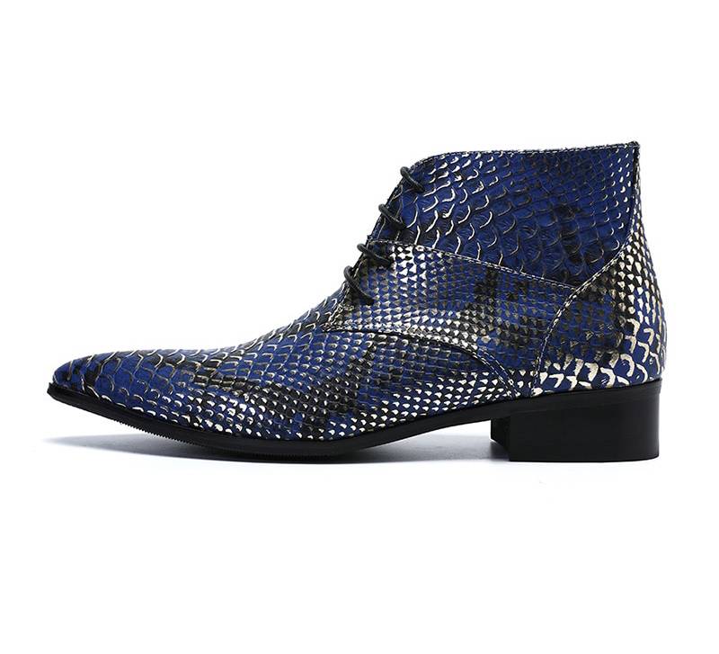 Luxury Pointed Toe Blue Pattern Men Ankle Boots