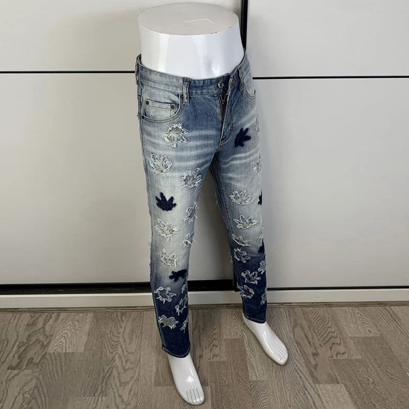 Retro Patchwork Ripped Washed Blue Jeans