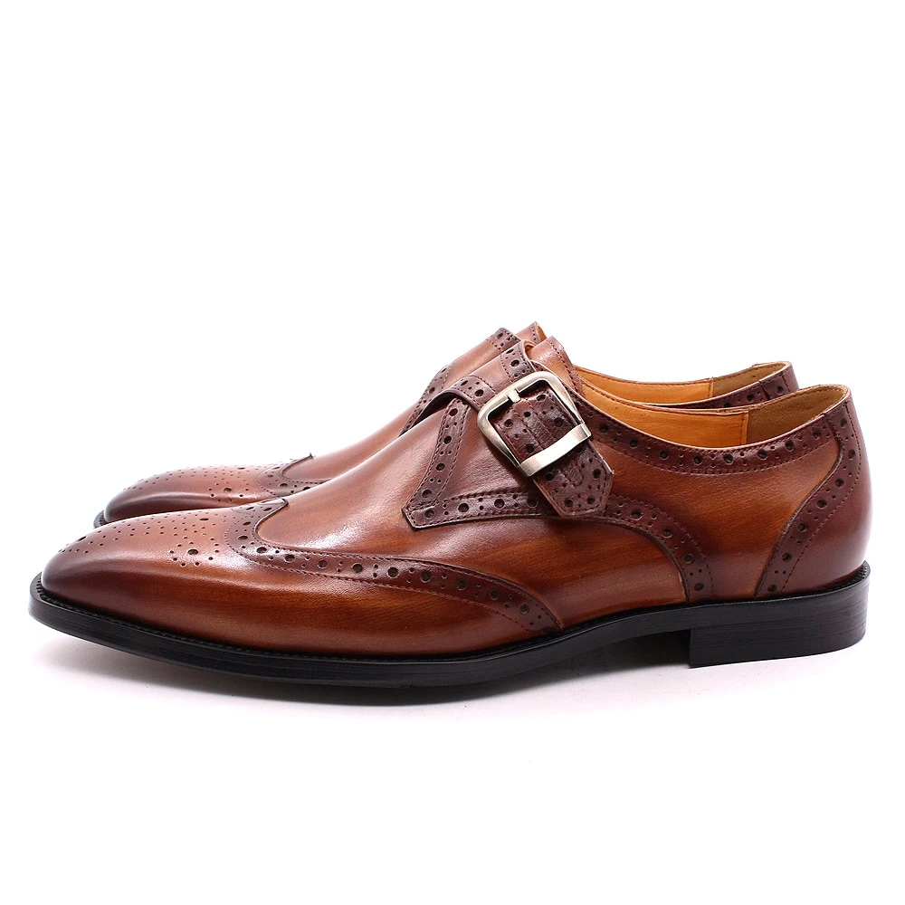 Elegant Genuine Leather Italian Wingtip Brogue Shoes with Monk Strap