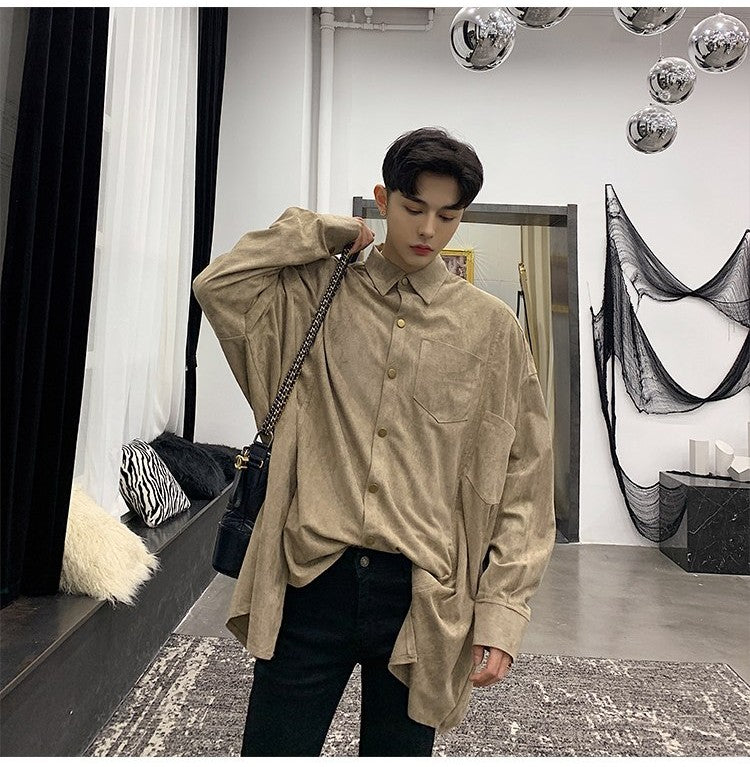 Solid Vintage Oversized Loose Long Sleeve Men Shirt