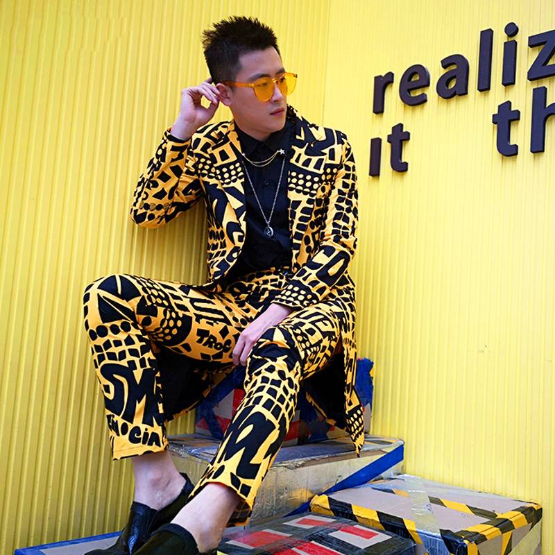 Yellow with Full Letter Print Slim Fit Costume Style Men Suit