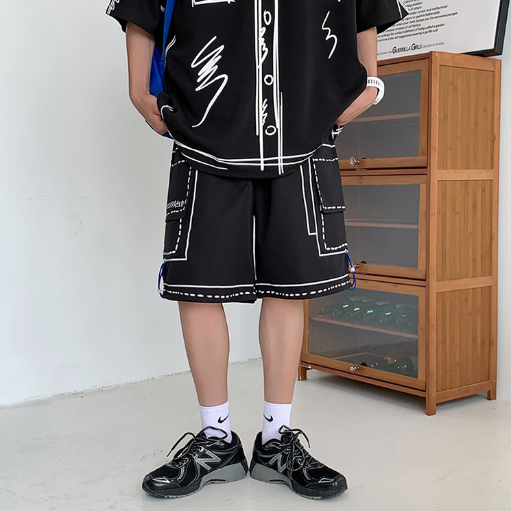 Hand-Painted Line Polyester Shorts Set