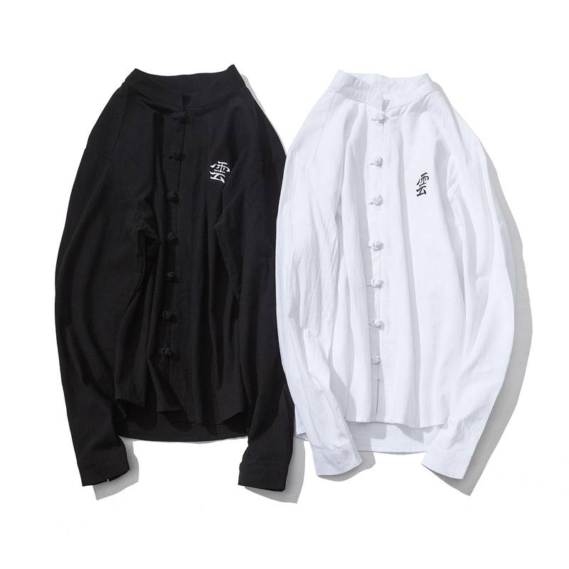 Chinese Style Linen Solid Long Sleeved Casual Men Shirts