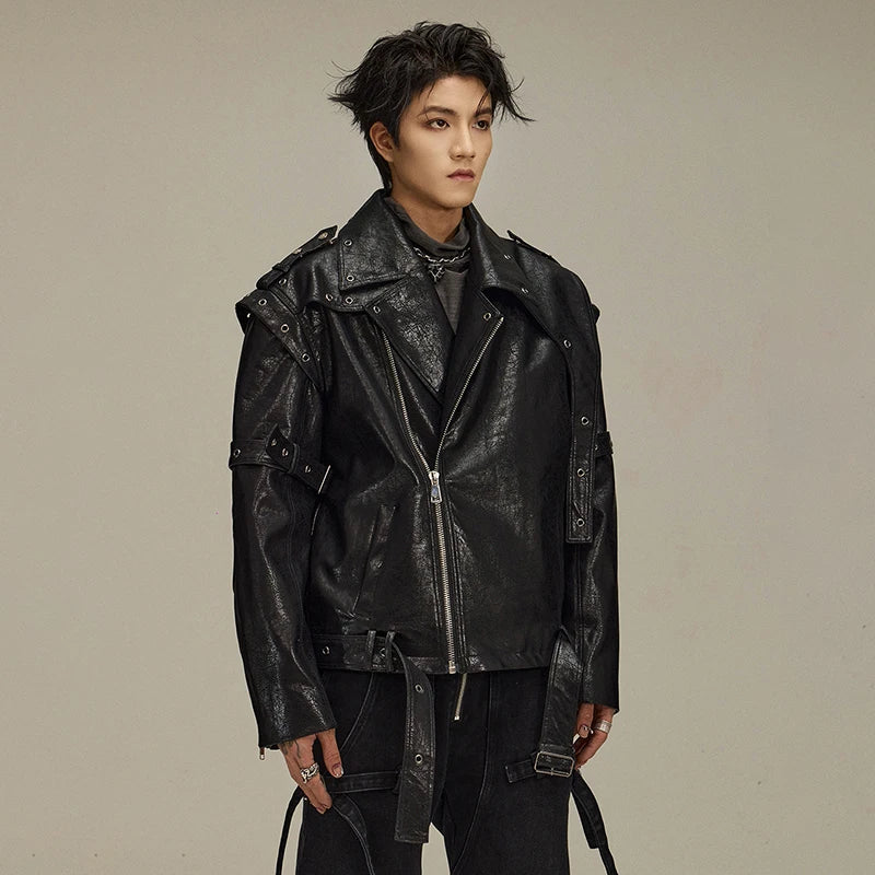 Irregular Cut Notched Collar Leather Jacket
