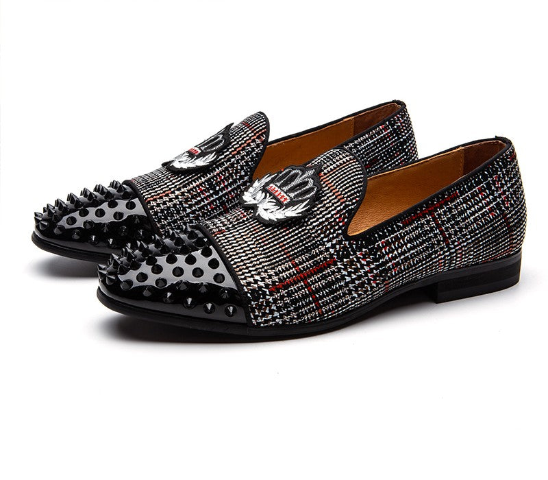 Black Spikes Rivets with Patched Ornament Detail Men Loafers Shoes - FanFreakz