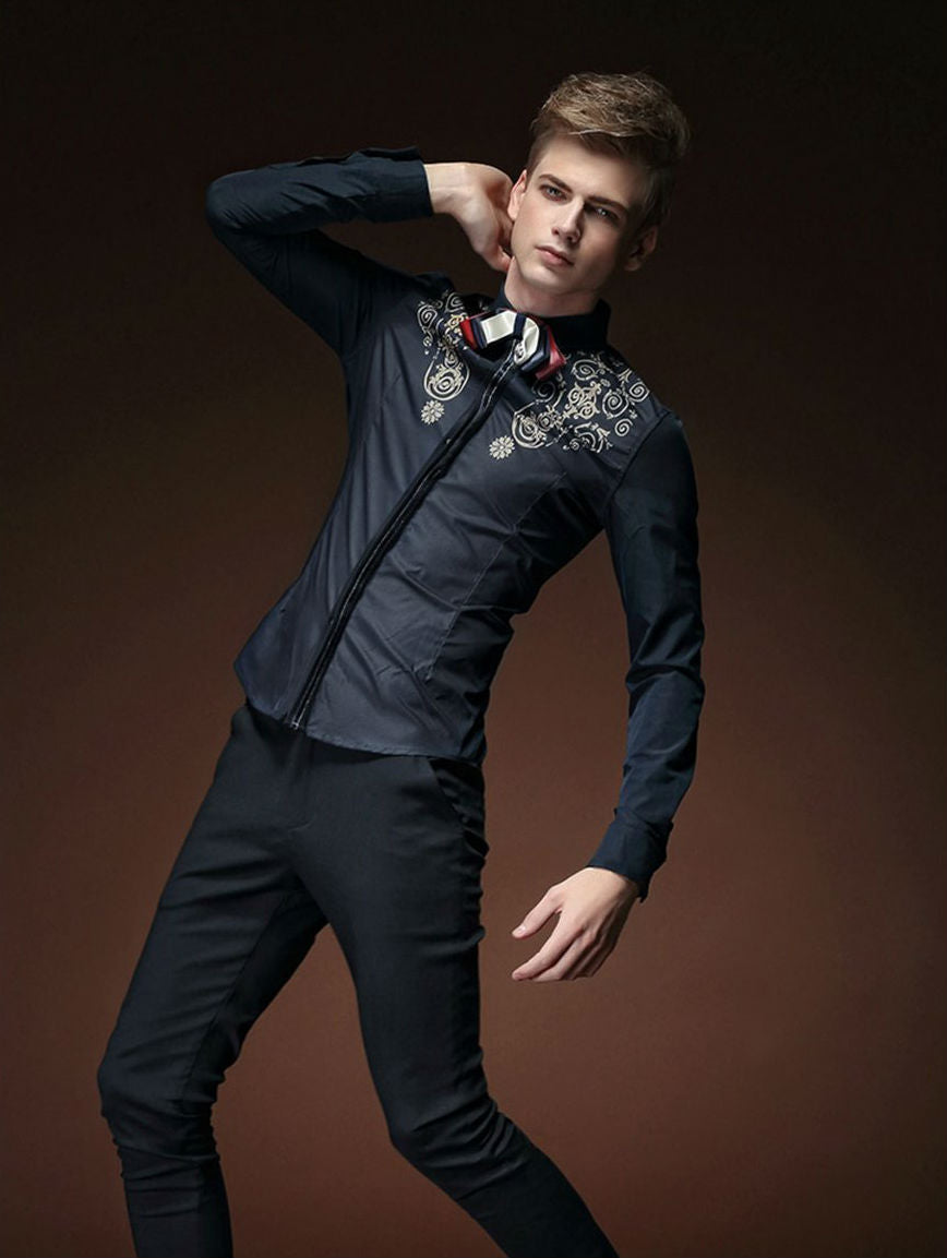 Royal Floral Pattern on Upper Chest Men Slim Fit Dandy Shirt