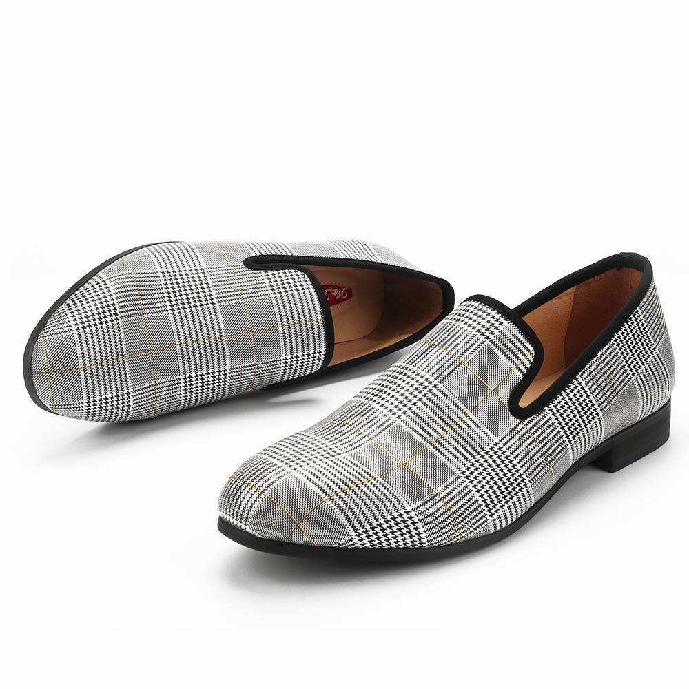 White Grey Chequered Flat Casual Men Loafers Shoes
