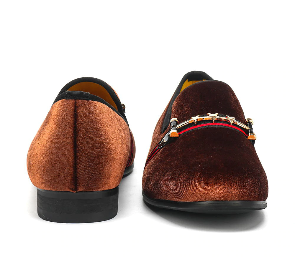 Brown Velvet Red Ribbon Detail Men Shoes