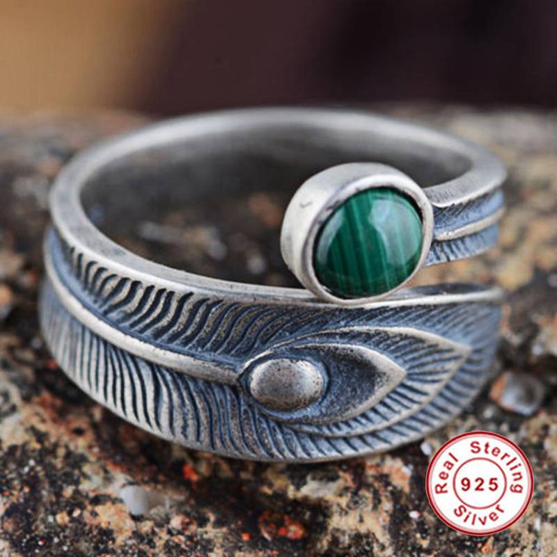 Sterling Silver Retro Malachite Feather Open Stacking Style Men Rings