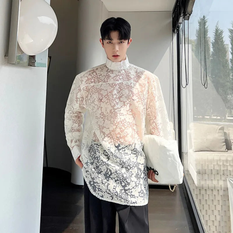 See-Through Pattern Stand Collar Shirt
