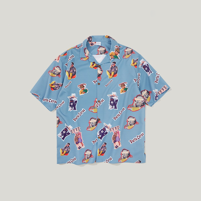 Ocean Blue Character Print in Hawaiian Loose Style Men Short Sleeves Shirt