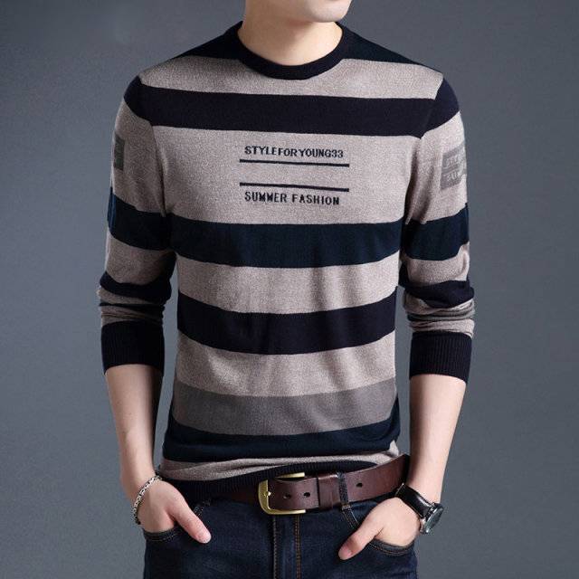 Front Letter Style Striped Pattern Sweater