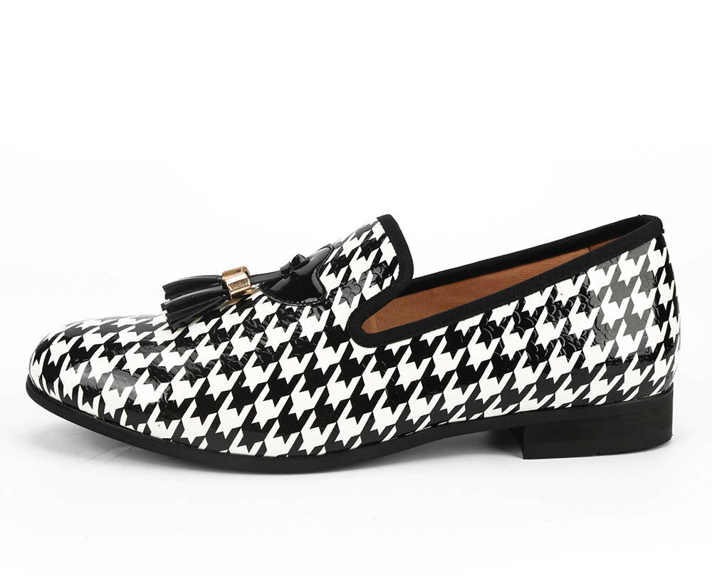 Black White Print Pattern with Tassel Men Shoes