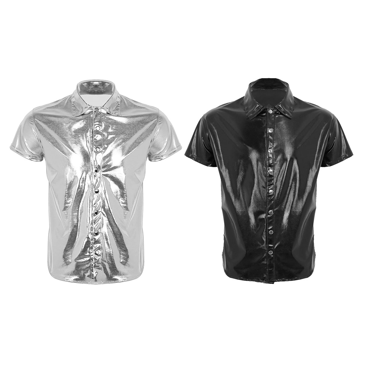 Silver Black Sexy Shine Metallic Short Sleeve Solid Casual Style Men Shirts