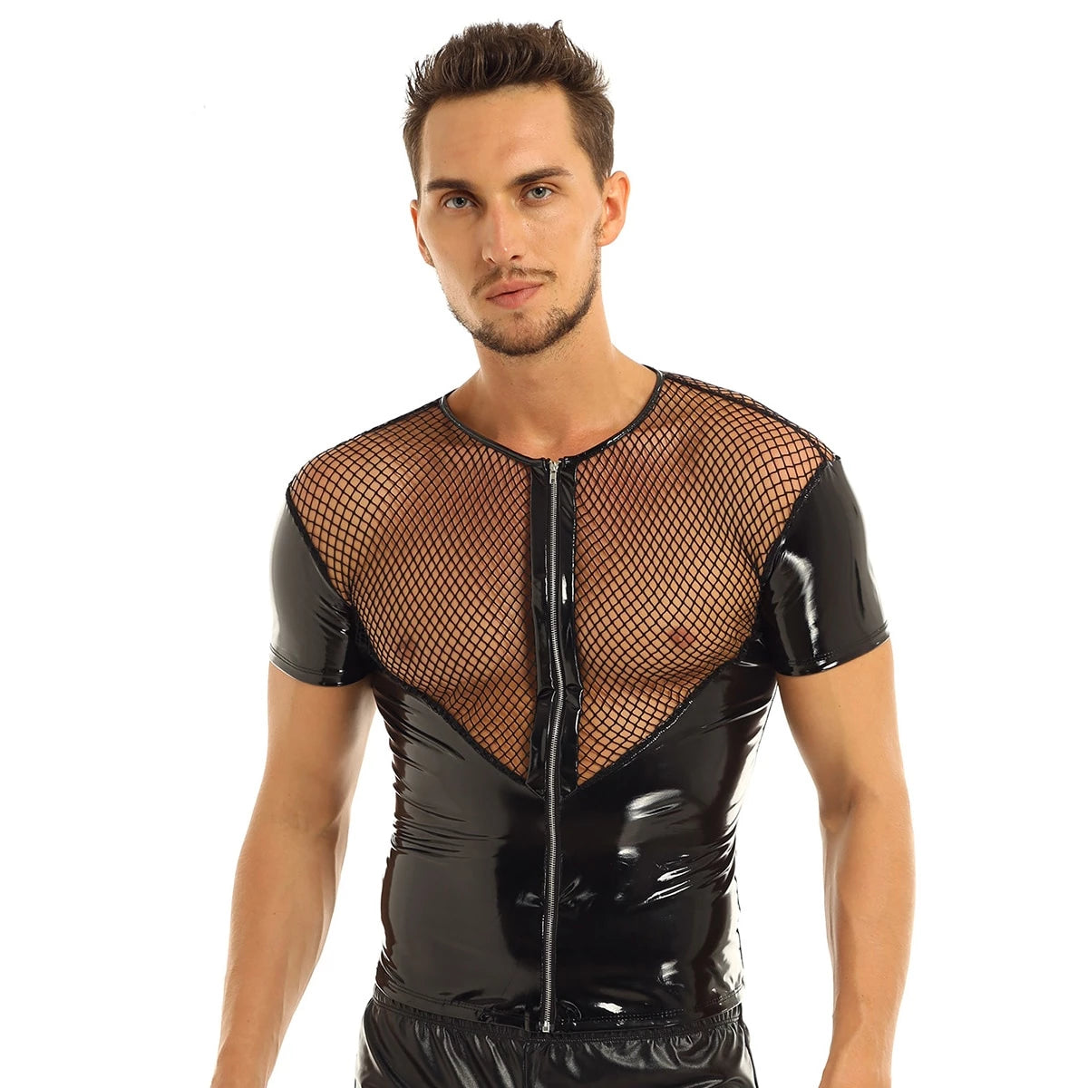 Sexy Fishnet Splice Punk Clubwear Costume Short Sleeve Style Men T-Shirt