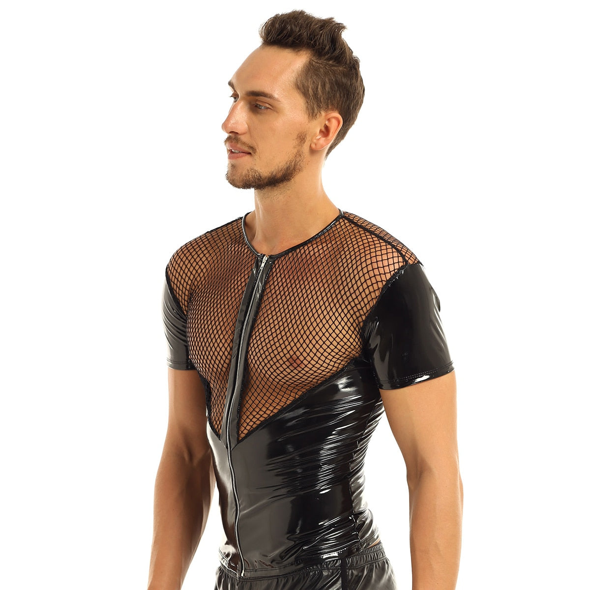 Sexy Fishnet Splice Punk Clubwear Costume Short Sleeve Style Men T-Shirt