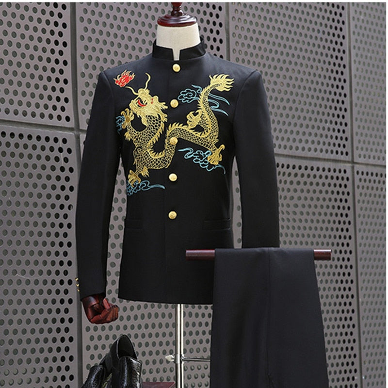 Men Chinese Style with Dragon Embroidery Set Men Blazer and Pants